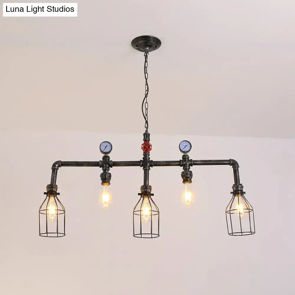 Industrial black gauge metal island lighting pipe chandelier with four exposed bulbs and decorative pressure gauges
