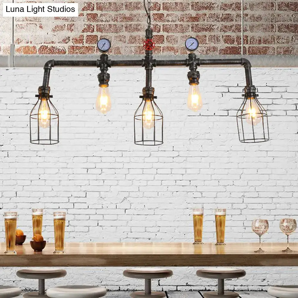 Industrial black gauge metal island lighting pipe chandelier with four exposed filament bulbs and wire cage accents