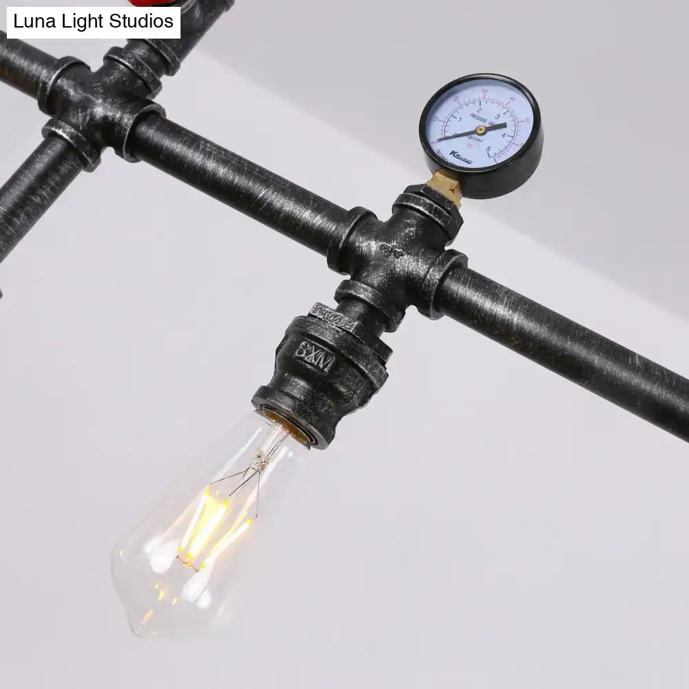 Industrial black gauge metal island lighting pipe chandelier with vintage pressure gauge and exposed filament bulb