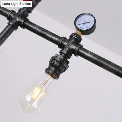 Industrial black gauge metal island lighting pipe chandelier with vintage pressure gauge and exposed filament bulb