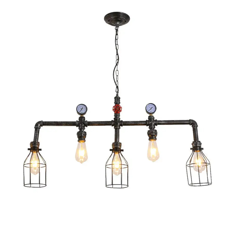Industrial black gauge metal island lighting kitchen pipe chandelier with four exposed bulbs in wire cages and pressure gauges