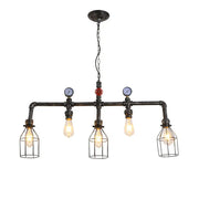 Industrial black gauge metal island lighting kitchen pipe chandelier with four exposed bulbs in wire cages and pressure gauges