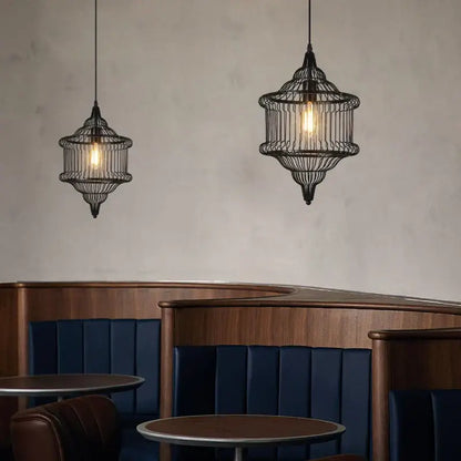 Industrial black geometric cage light frame pendant with exposed filament bulbs for dining room decorbites cage light