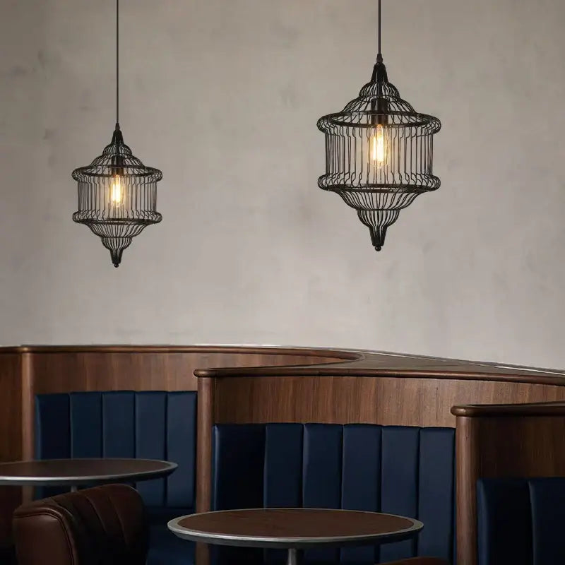 Industrial black geometric cage light frame pendant with exposed filament bulbs for dining room decorbites cage light