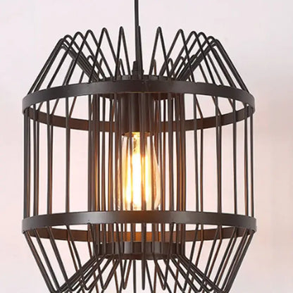 Industrial black geometric cage light frame pendant with exposed edison bulb for dining room decorbites cage light