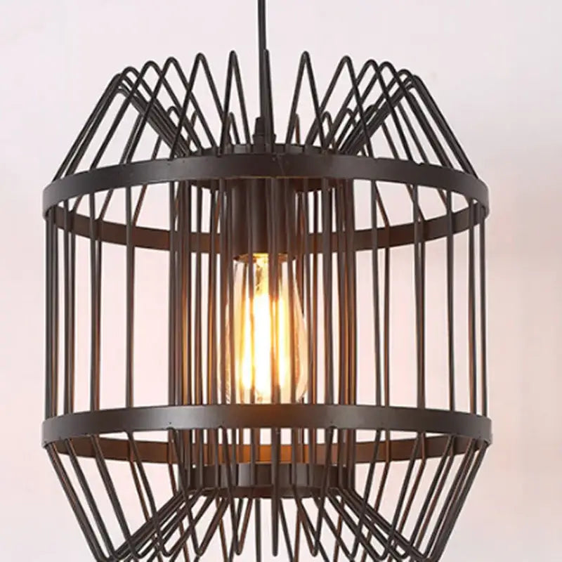 Industrial black geometric cage light frame pendant with exposed edison bulb for dining room decorbites cage light