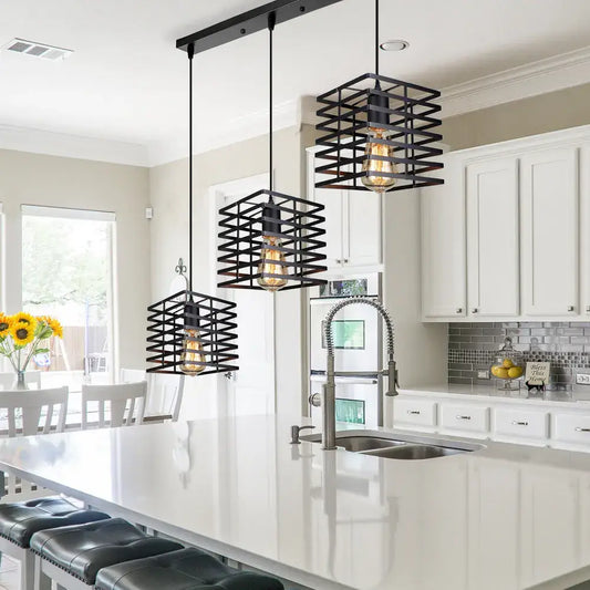 Industrial black geometric cage pendant light with exposed filament bulbs for kitchen decorbites industrial vintage led