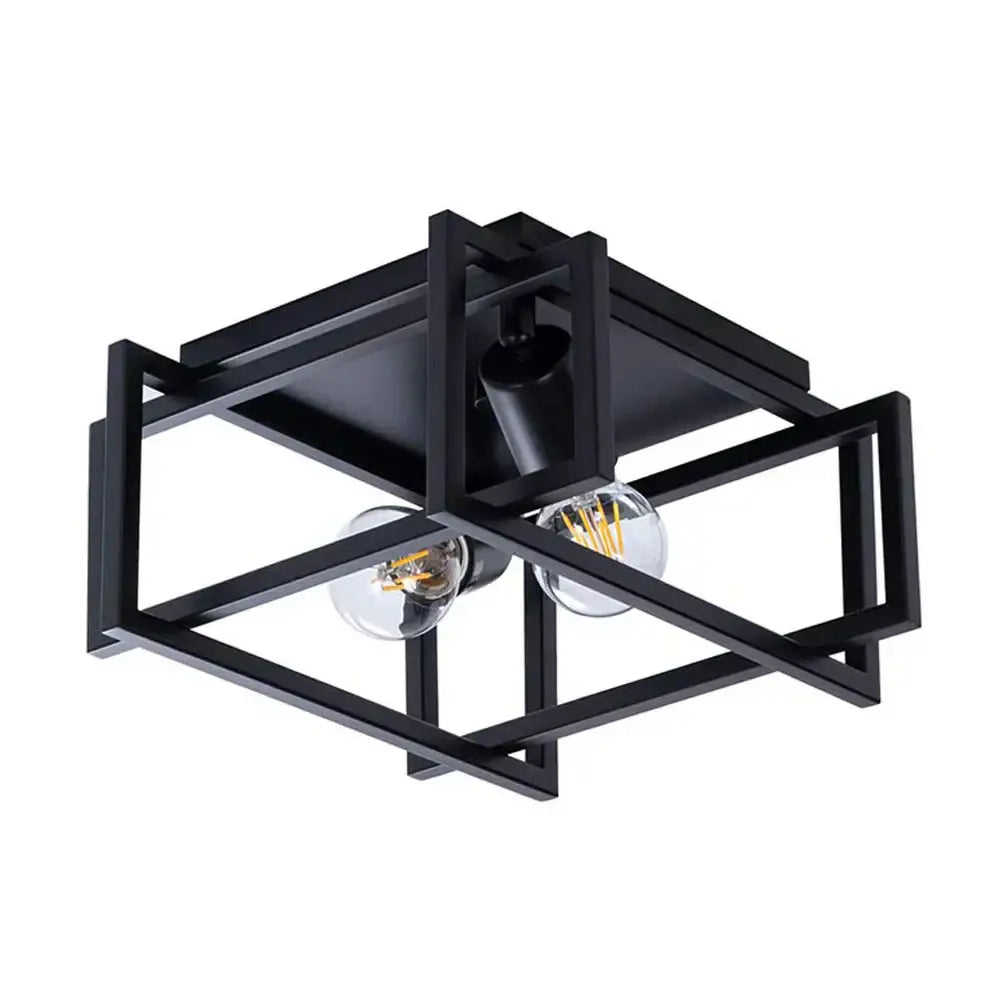 Industrial black metal geometric ceiling light fixture with two exposed filament bulbs for kitchens ceiling light fixture