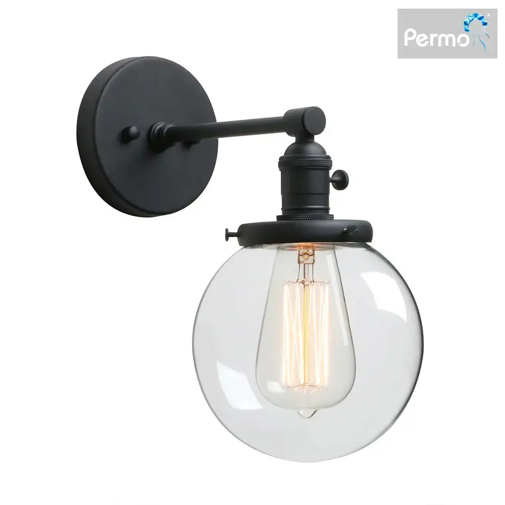 Black metal glass canopy wall sconce with clear glass globe and exposed filament bulb for industrial decorbites industrial glass