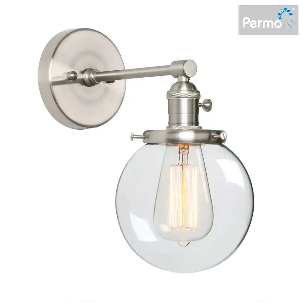 Stylish black glass canopy wall sconce with brushed nickel permo finish and clear glass globe for decorbites industrial glass decor