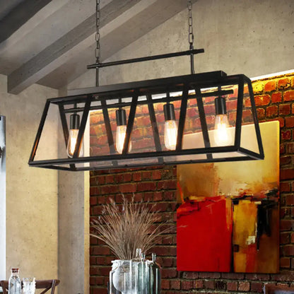 DecorBites™ rustic black metal island pendant light with clear glass panels and exposed Edison bulbs for coffee shop