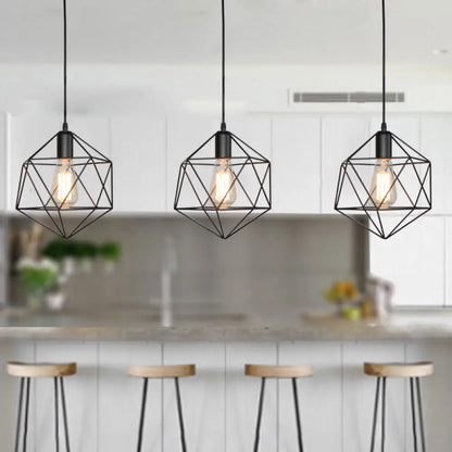 DecorBites™ Industrial Black/Gold Geometric Cage Pendant Light - Metal Hanging Lamp for Kitchen Island