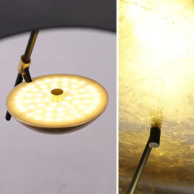 Gold-finished circular led desk lamp with matte black stem and brass clamp complementing decorbites lederam pendant decor