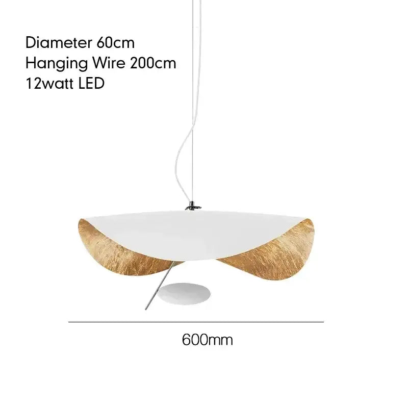 Industrial black and gold lotus leaf lederam manta pendant light with white curved diffuser and 200cm wire suspension