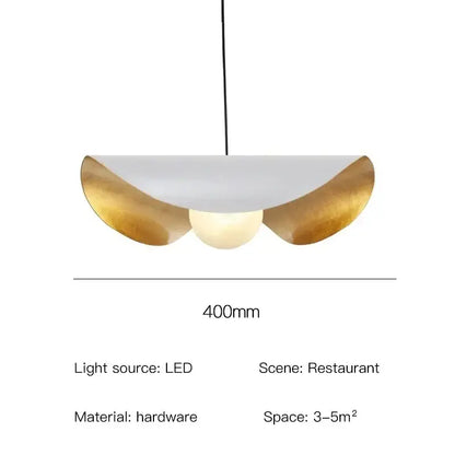 A modern industrial black and gold lotus leaf pendant light with white curved shade and metallic edges by decorbites lederam manta
