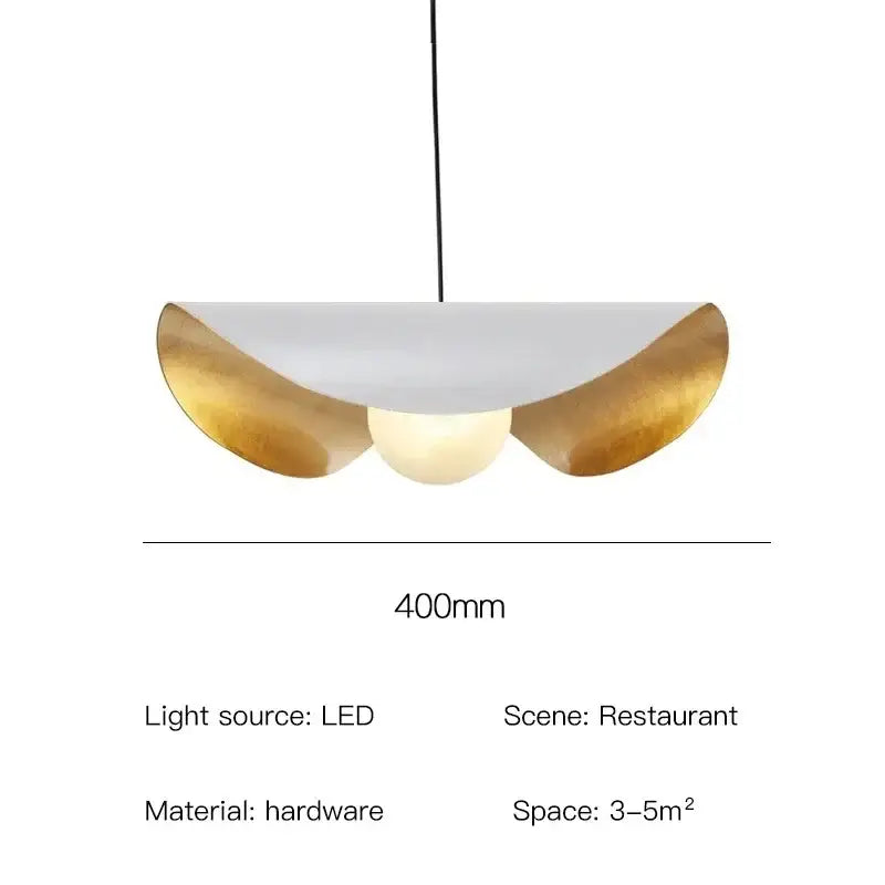 A modern industrial black and gold lotus leaf pendant light with white curved shade and metallic edges by decorbites lederam manta