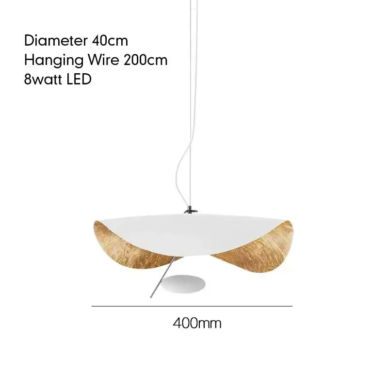 Modern pendant light with white curved shade and golden wood accents for dining room by decorbites lederam manta