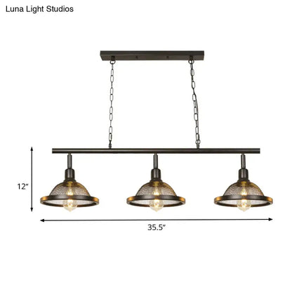 Industrial black and gold metal pendant dining room light with three exposed bulbs and mesh shades bulb base e26 e27