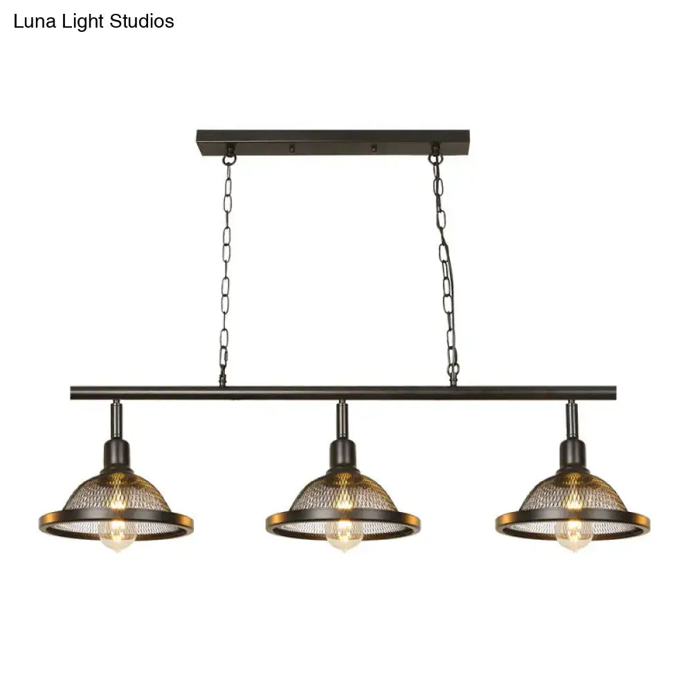 Industrial black and gold metal pendant dining room light with three brass mesh shades and e26 e27 exposed bulbs