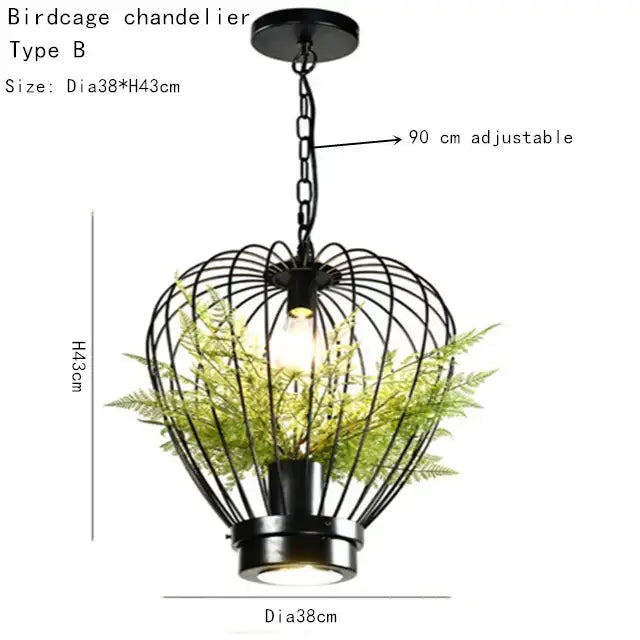 Industrial black metal green planting birdcage chandelier with adjustable chain and faux ferns for dining room decorbites green planting