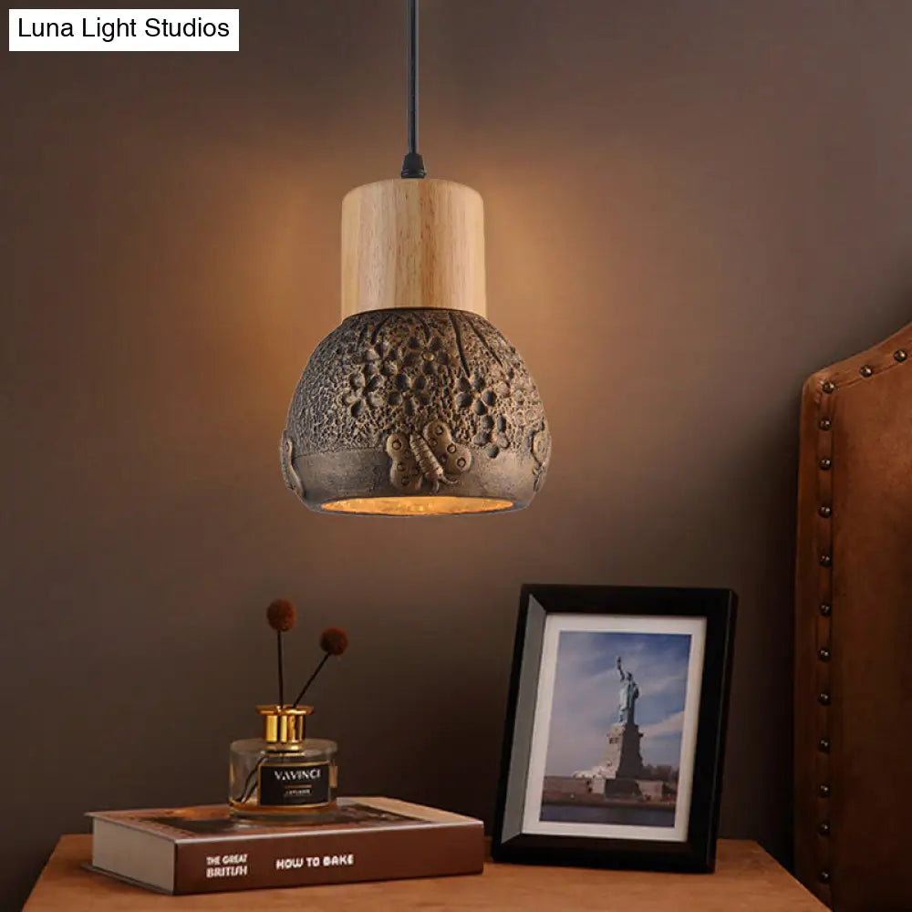 Industrial Black/Grey/Brown Head Cement Ceiling Light with Wood Dome and Butterfly Pattern- Bedroom Pendant Lamp