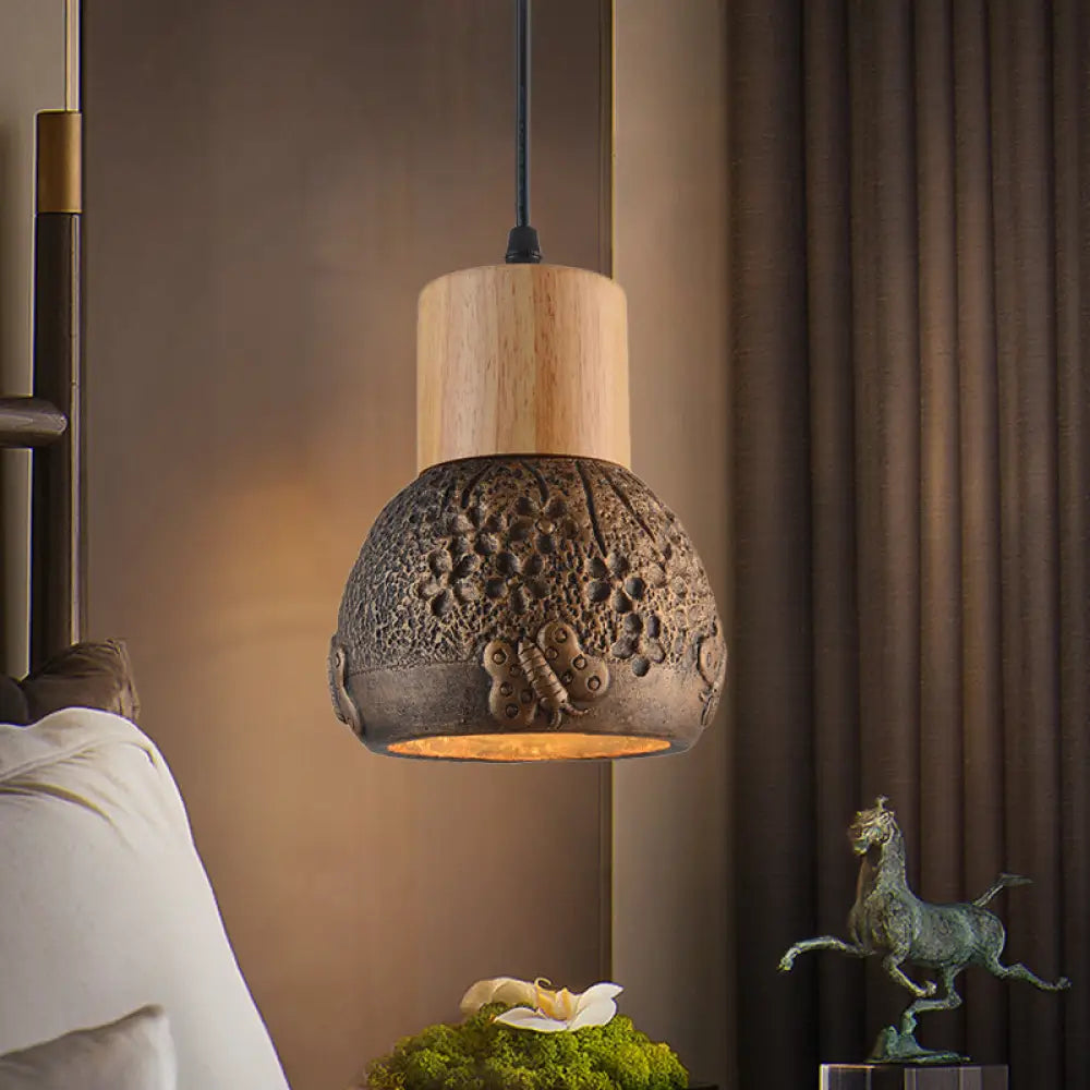 Industrial Black/Grey/Brown Head Cement Ceiling Light with Wood Dome and Butterfly Pattern- Bedroom Pendant Lamp