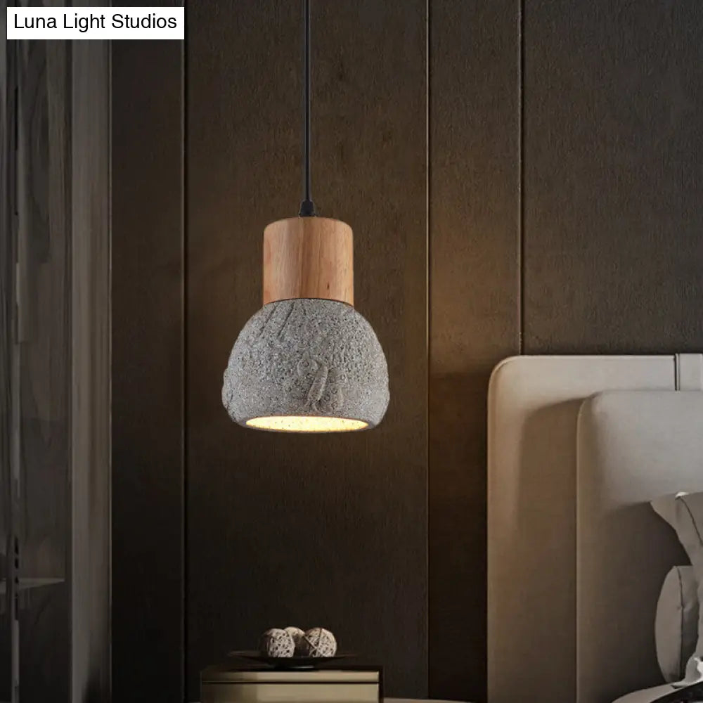 Industrial Black/Grey/Brown Head Cement Ceiling Light with Wood Dome and Butterfly Pattern- Bedroom Pendant Lamp