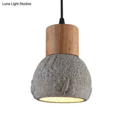 Industrial Black/Grey/Brown Head Cement Ceiling Light with Wood Dome and Butterfly Pattern- Bedroom Pendant Lamp