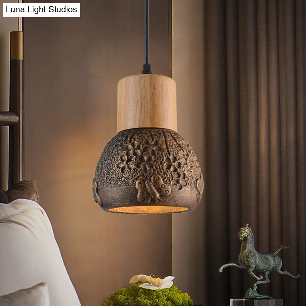 Industrial Black/Grey/Brown Head Cement Ceiling Light with Wood Dome and Butterfly Pattern- Bedroom Pendant Lamp