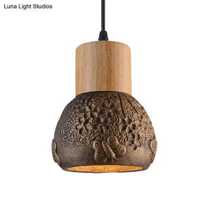 Industrial Black/Grey/Brown Head Cement Ceiling Light with Wood Dome and Butterfly Pattern- Bedroom Pendant Lamp