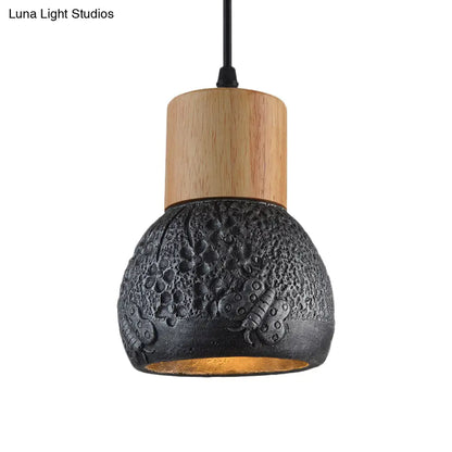 Industrial Black/Grey/Brown Head Cement Ceiling Light with Wood Dome and Butterfly Pattern- Bedroom Pendant Lamp