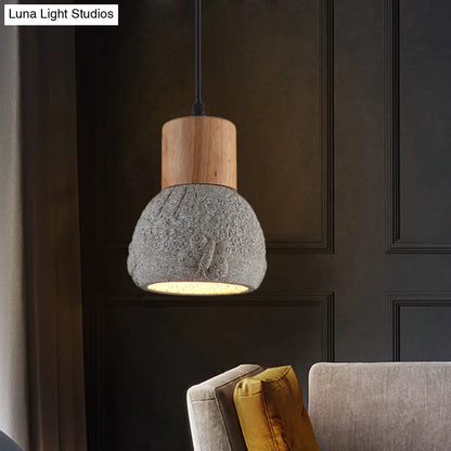 Industrial Black/Grey/Brown Head Cement Ceiling Light with Wood Dome and Butterfly Pattern- Bedroom Pendant Lamp