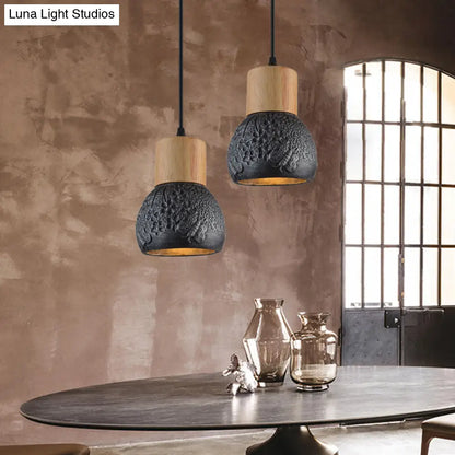 Industrial Black/Grey/Brown Head Cement Ceiling Light with Wood Dome and Butterfly Pattern- Bedroom Pendant Lamp