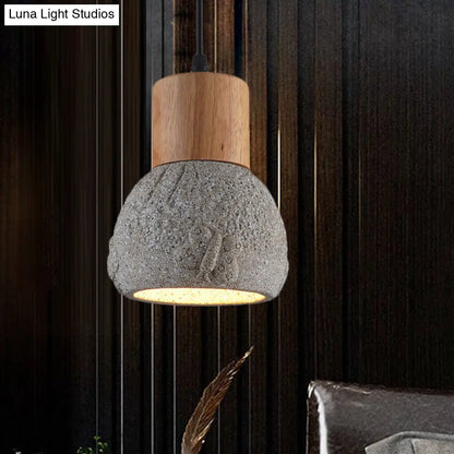 Industrial Black/Grey/Brown Head Cement Ceiling Light with Wood Dome and Butterfly Pattern- Bedroom Pendant Lamp