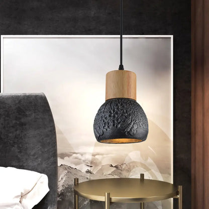 Industrial Black/Grey/Brown Head Cement Ceiling Light with Wood Dome and Butterfly Pattern- Bedroom Pendant Lamp