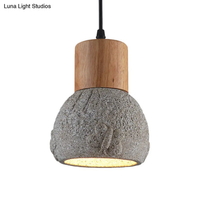 Industrial Black/Grey/Brown Head Cement Ceiling Light with Wood Dome and Butterfly Pattern- Bedroom Pendant Lamp