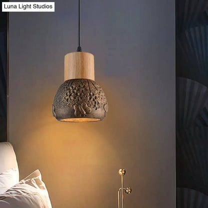 Industrial Black/Grey/Brown Head Cement Ceiling Light with Wood Dome and Butterfly Pattern- Bedroom Pendant Lamp