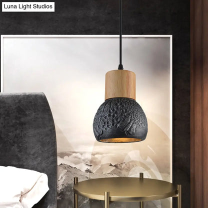 Industrial Black/Grey/Brown Head Cement Ceiling Light with Wood Dome and Butterfly Pattern- Bedroom Pendant Lamp