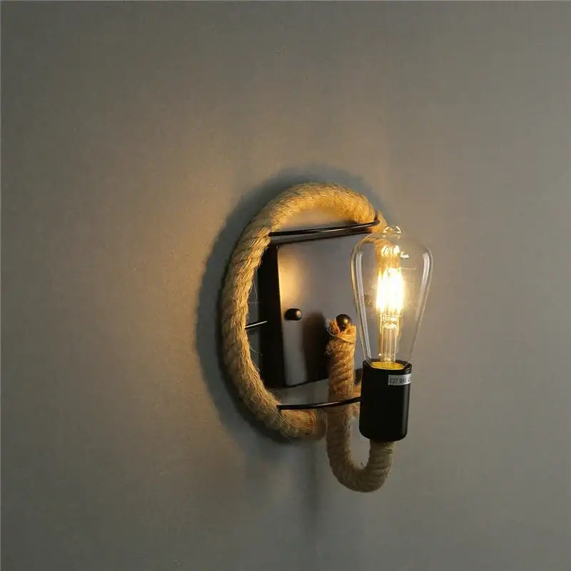 Industrial black hemp rope wall lamp with rope-wrapped design and exposed filament bulb for living room decorbites hemp rope
