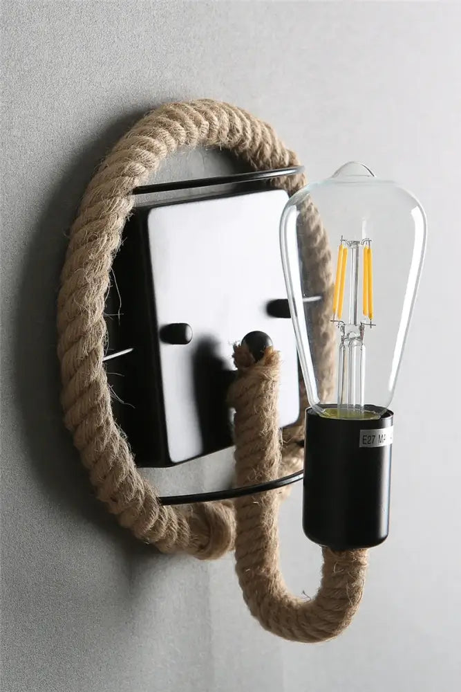 Industrial black hemp rope wall lamp with clear glass filament bulb for living room decorbites hemp rope wall sconce