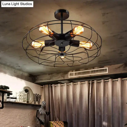 DecorBites™ DecorBites™ Industrial Black Iron 5-Light Round Cage Ceiling Lamp - Restaurant Semi Flush Light Fixture