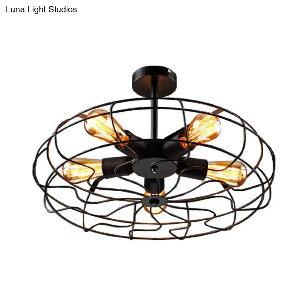 DecorBites™ DecorBites™ Industrial Black Iron 5-Light Round Cage Ceiling Lamp - Restaurant Semi Flush Light Fixture