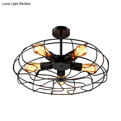 DecorBites™ DecorBites™ Industrial Black Iron 5-Light Round Cage Ceiling Lamp - Restaurant Semi Flush Light Fixture