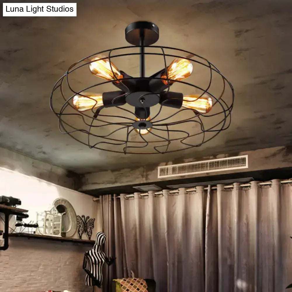 DecorBites™ DecorBites™ Industrial Black Iron 5-Light Round Cage Ceiling Lamp - Restaurant Semi Flush Light Fixture