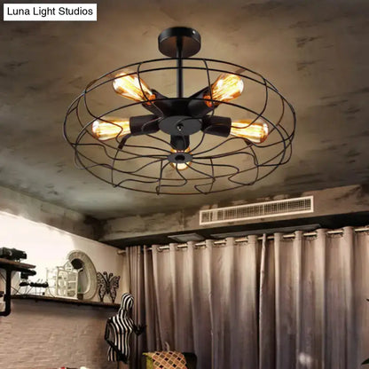 DecorBites™ DecorBites™ Industrial Black Iron 5-Light Round Cage Ceiling Lamp - Restaurant Semi Flush Light Fixture