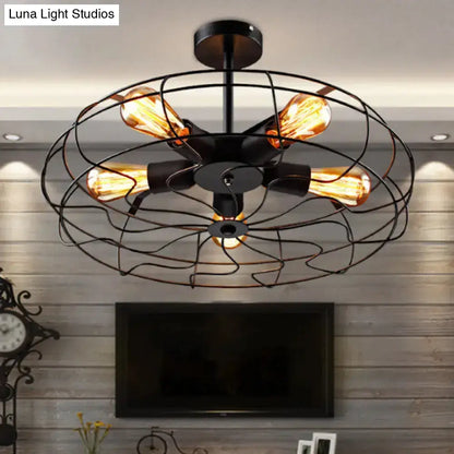 DecorBites™ DecorBites™ Industrial Black Iron 5-Light Round Cage Ceiling Lamp - Restaurant Semi Flush Light Fixture