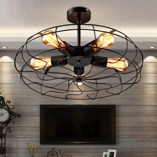 DecorBites™ DecorBites™ Industrial Black Iron 5-Light Round Cage Ceiling Lamp - Restaurant Semi Flush Light Fixture