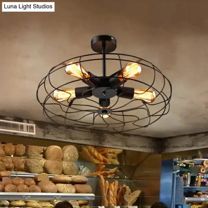 DecorBites™ DecorBites™ Industrial Black Iron 5-Light Round Cage Ceiling Lamp - Restaurant Semi Flush Light Fixture