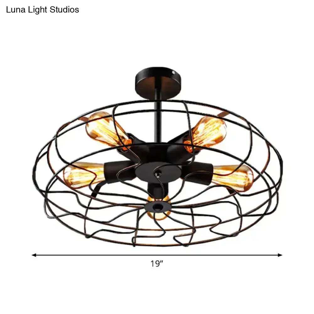 DecorBites™ DecorBites™ Industrial Black Iron 5-Light Round Cage Ceiling Lamp - Restaurant Semi Flush Light Fixture
