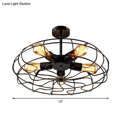 DecorBites™ DecorBites™ Industrial Black Iron 5-Light Round Cage Ceiling Lamp - Restaurant Semi Flush Light Fixture
